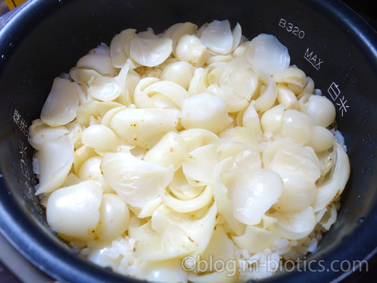 ゆり根ご飯のレシピ　炊きあがったゆり根ご飯　炊飯器の蓋を開けたところ